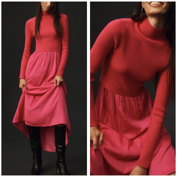 NEW Anthropologie The Thea Twofer Sweater Dress Pink Knit Medium - Picture 1 of 10
